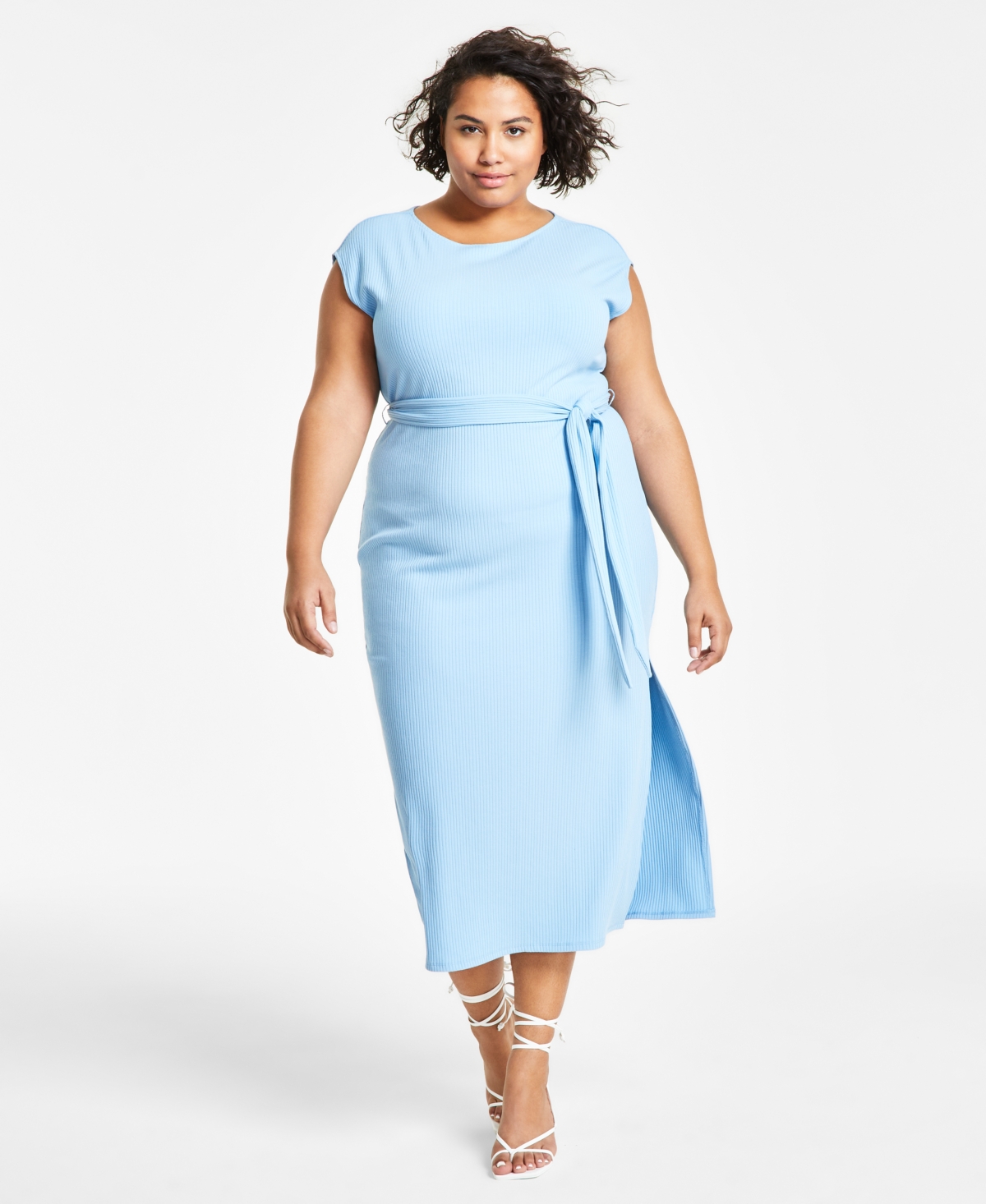 Shop Bar Iii Trendy Plus Size Ribbed Cap-sleeve Belted Dress, Created For Macy's In Clean Cornflower