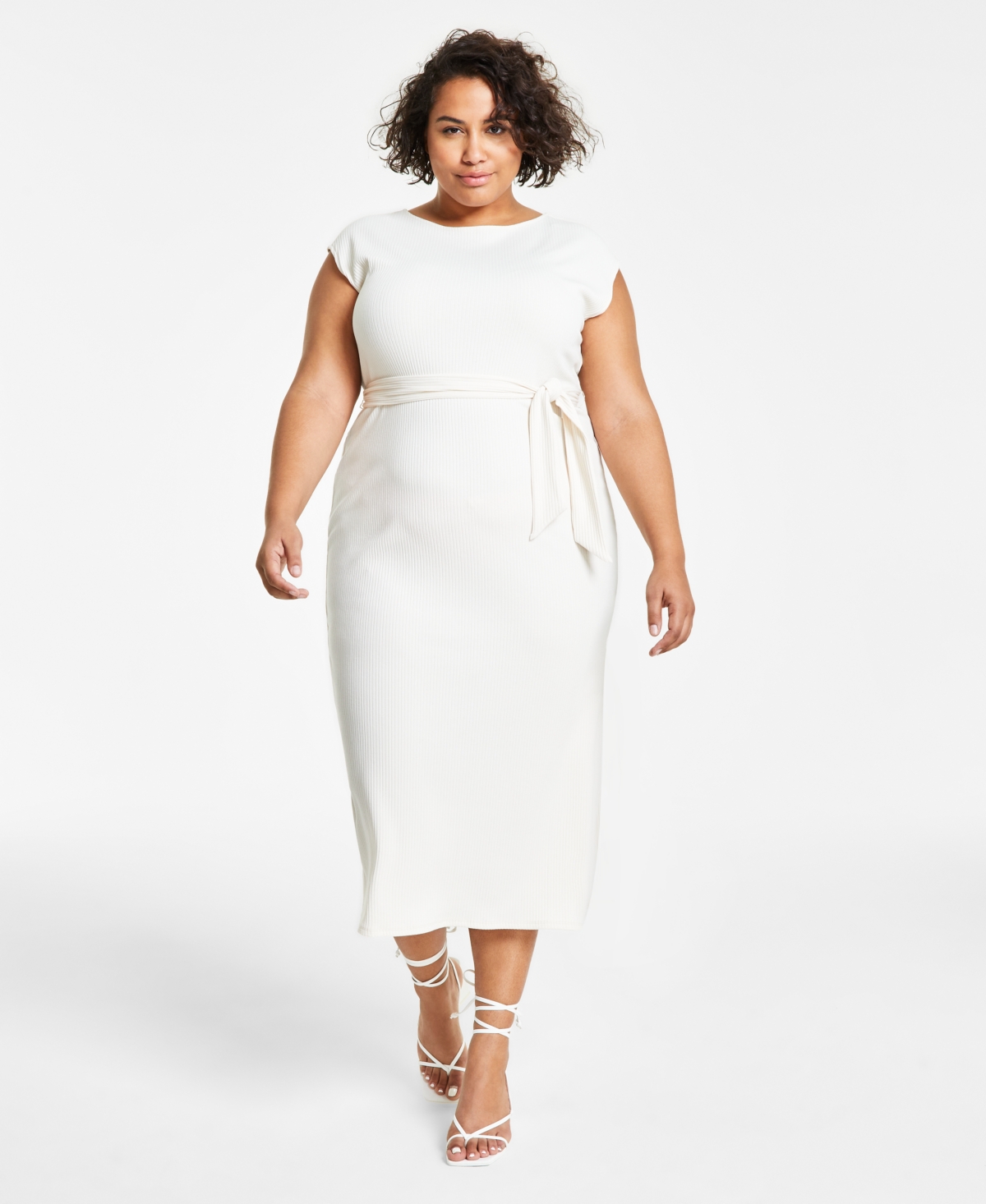 Shop Bar Iii Trendy Plus Size Ribbed Cap-sleeve Belted Dress, Created For Macy's In Palomino
