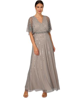 Papell Studio Women's Beaded Flutter-Sleeve Gown - Macy's