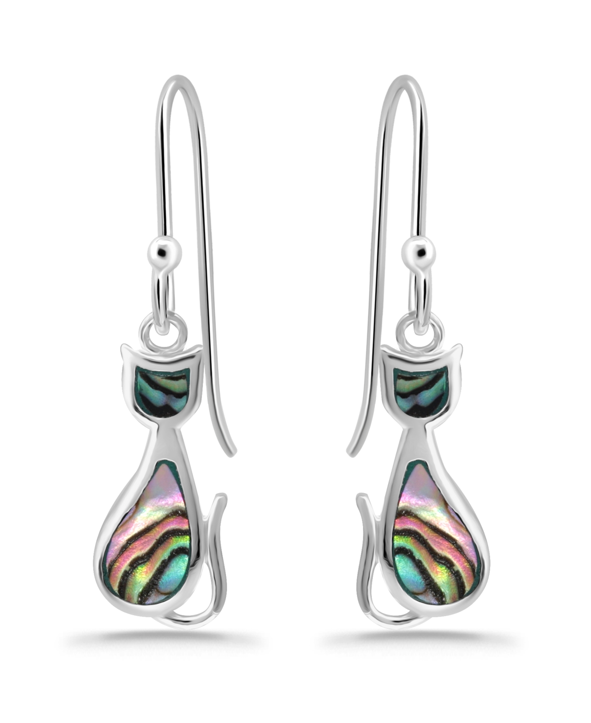 Macy's Abalone Inlay Cat Fishhook Earrings In Silver