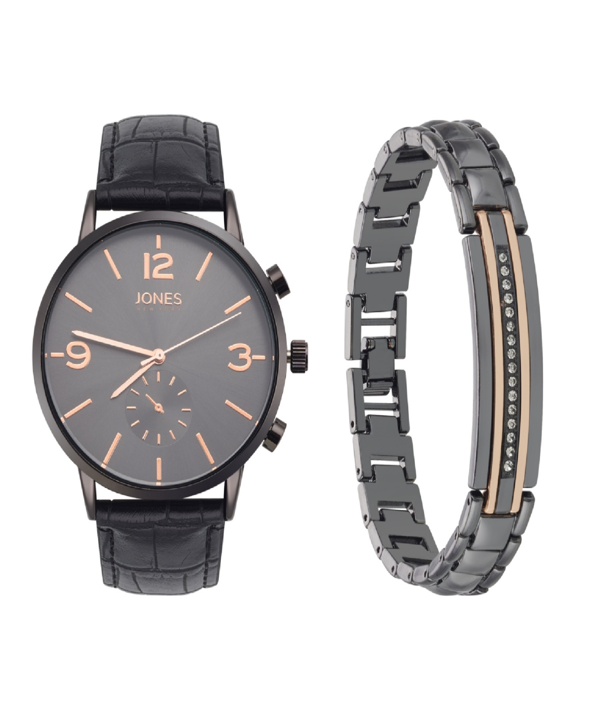 Men's Analog Black Croc Leather Strap Watch 42mm Bracelet Gift Set - Black