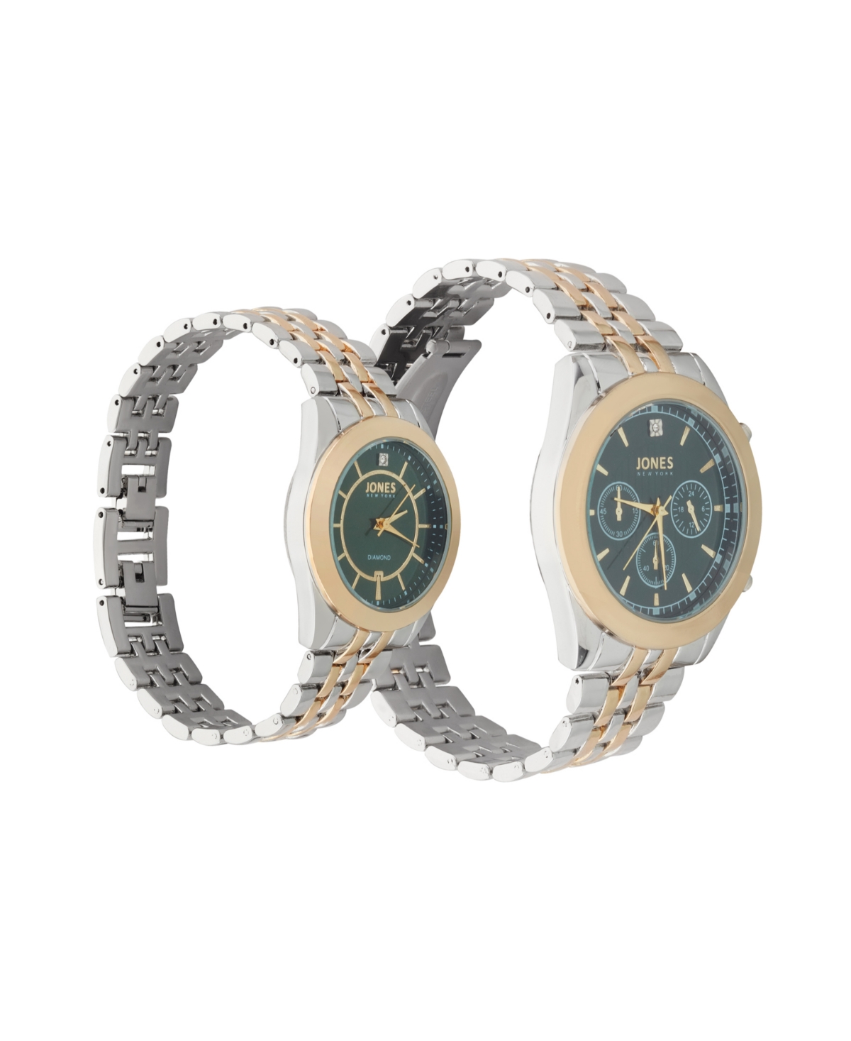Shop Jones New York Men And Women's Analog Shiny Two-tone Metal Bracelet His Hers Watch 42mm, 34mm Gift Set In Green,gold,silver