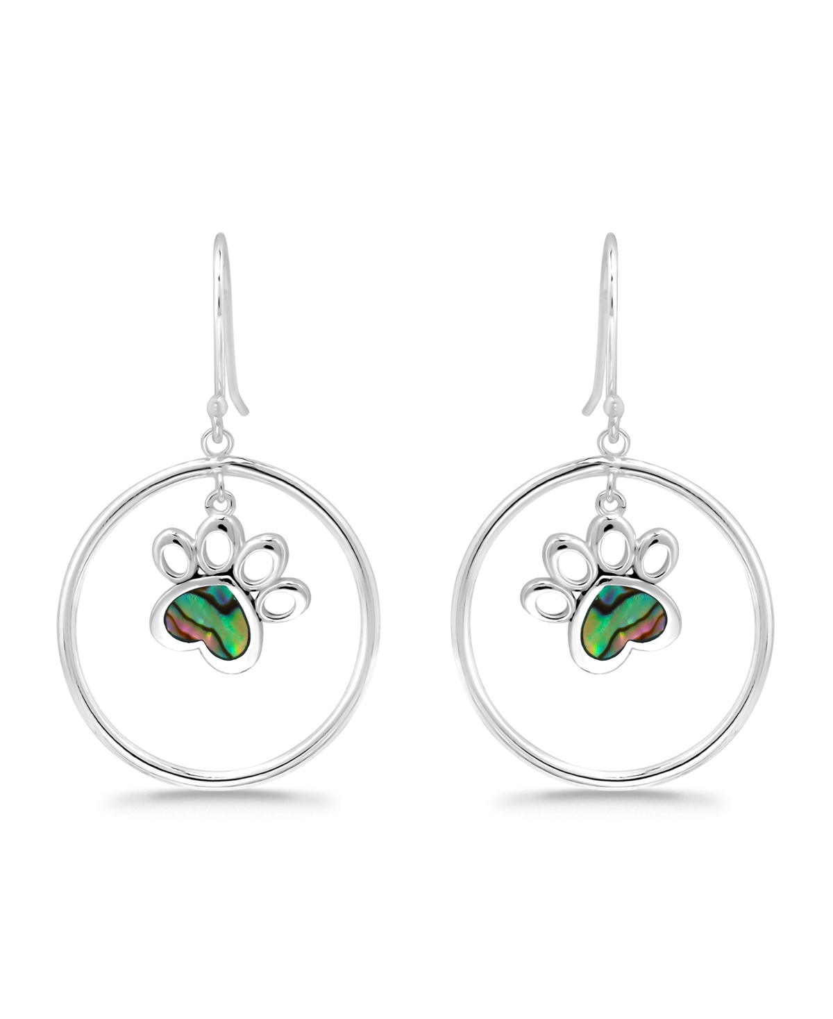Macy's Abalone Inlay "paw" Circle Fishhook Drop Earrings In Silver