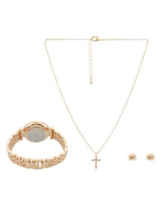 Women's Analog Shiny Gold-Tone Metal Bracelet Watch 34mm with Necklace Earring Set