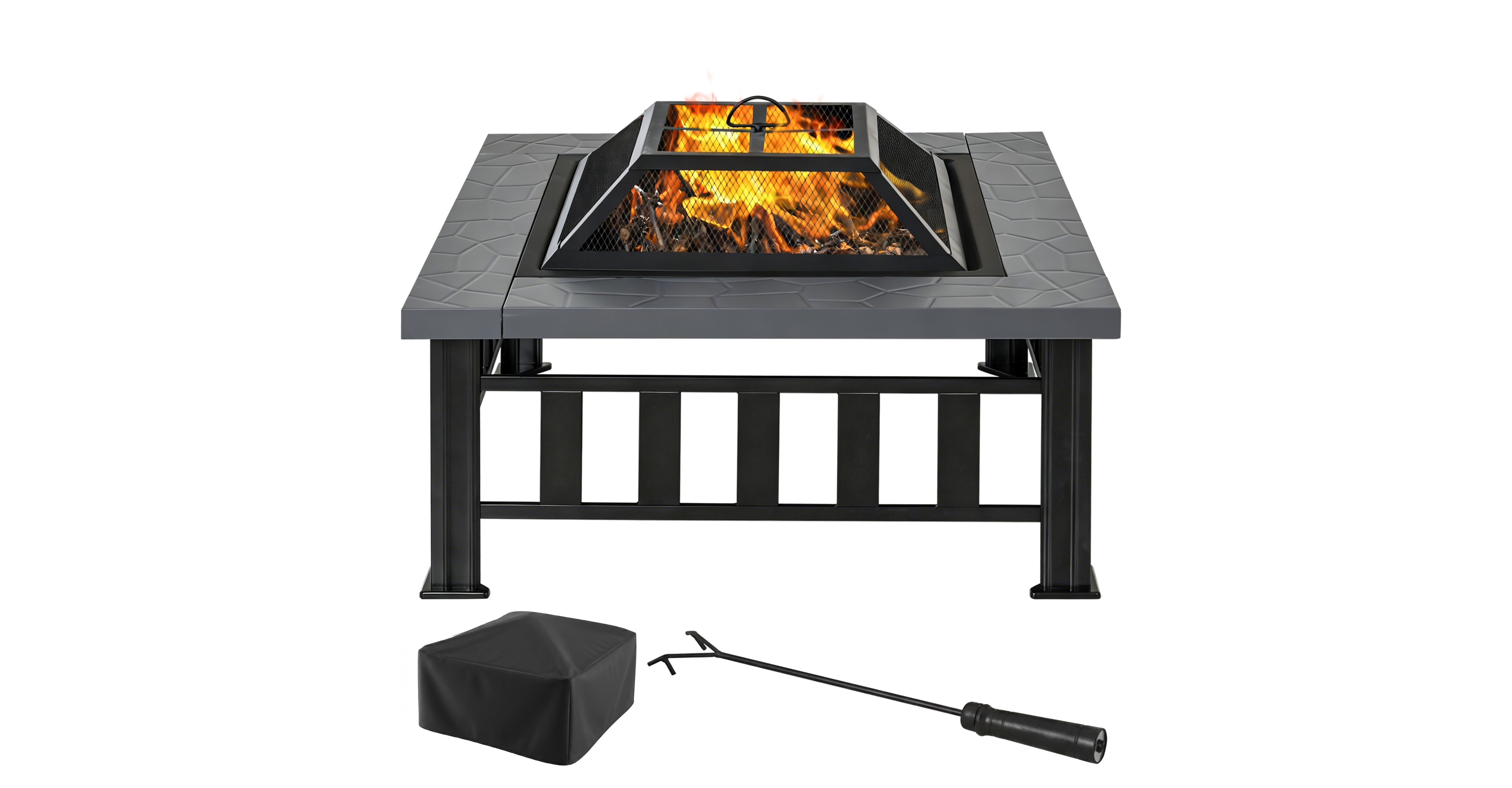Outsunny 34" Fire Pit Outdoor Wood Burning Firepit Table w/ Log Grate, Poker