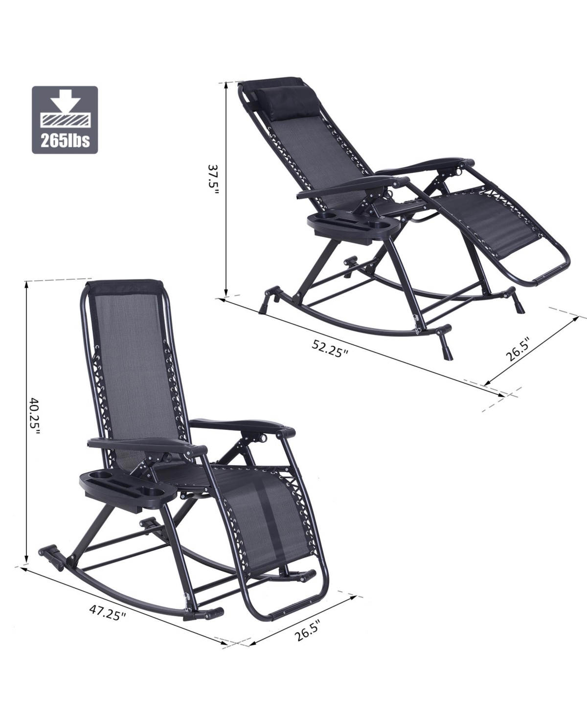 Outsunny Zero Gravity Reclining Rocking Chair, Lounge Rocker, Folding, Pillow, Side Tray, Cup and Phone Holder