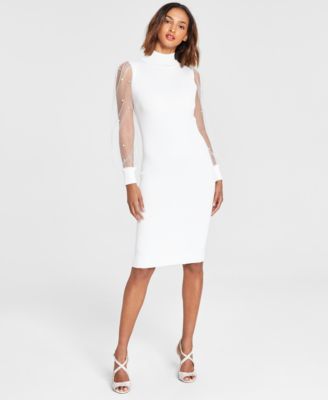 Almost Famous Juniors' Embellished Sheer-Sleeve Sweater Dress - Macy's