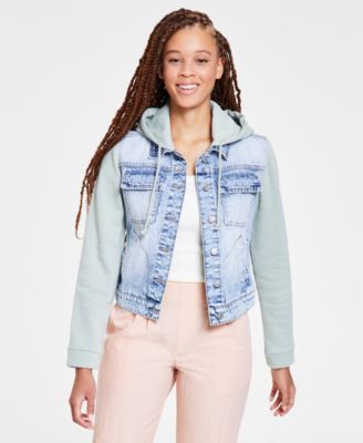 Denim jacket with pink hoodie best sale