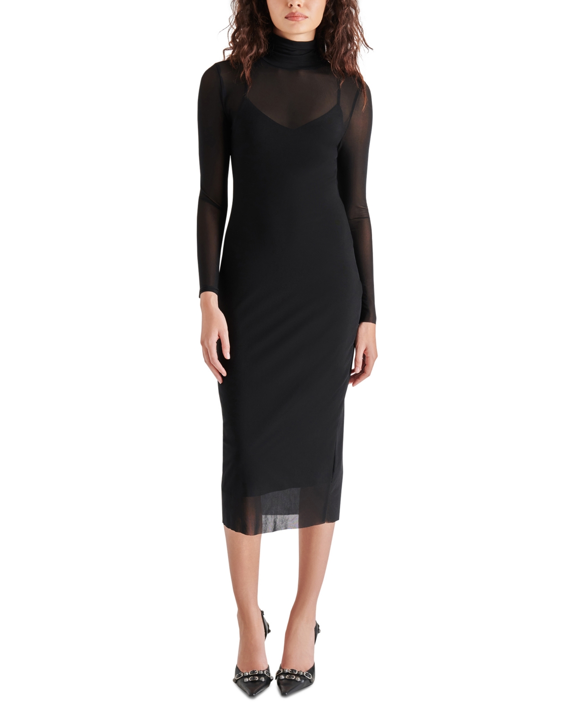 Steve Madden Women's Vivienne Mesh Long-sleeve Midi Dress In Black
