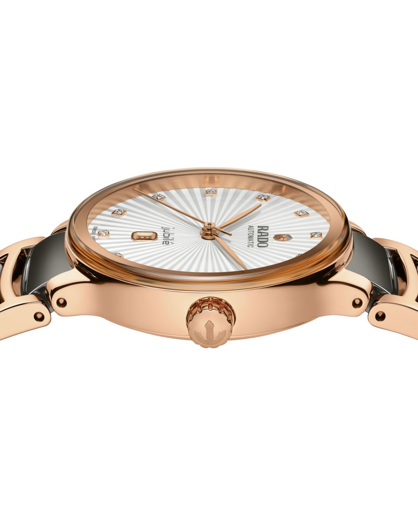 Женские часы Rado Swiss Automatic Centrix Diamond Accent Black Ceramic & Rose Gold PVD Stainless Steel Bracelet Watch 35mm, цвет: Серебряный — фото 2