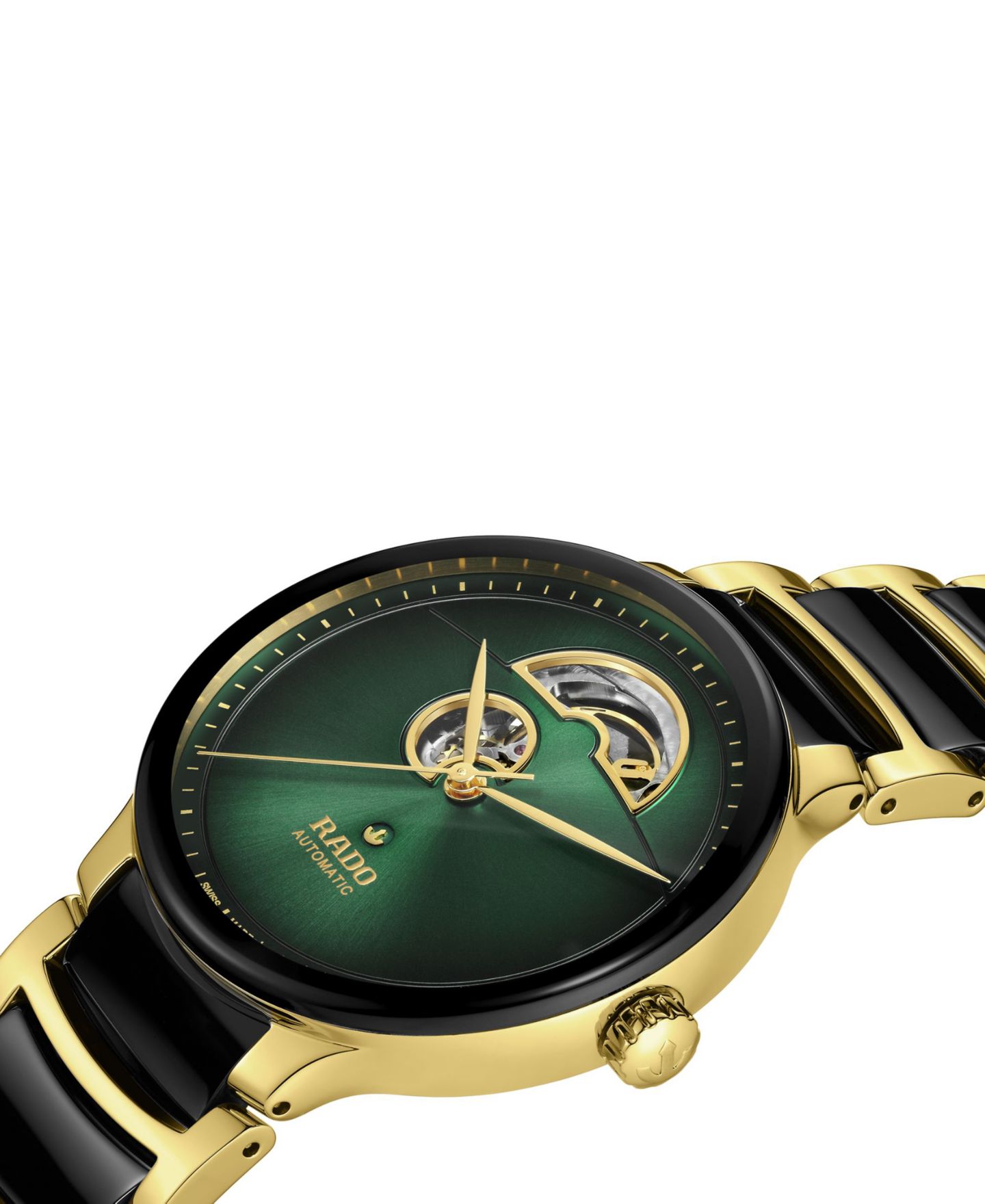 Часы Rado Unisex Swiss Automatic Centrix Open Heart Black Ceramic & Gold PVD Stainless Steel Bracelet Watch 40mm, цвет: Зелёный — фото 2