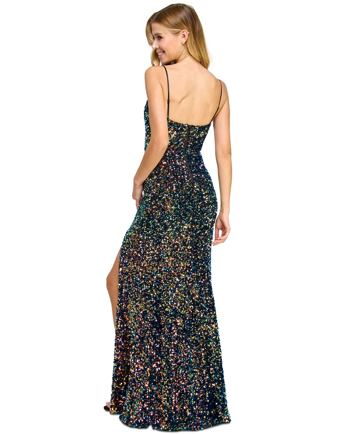 Shop B Darlin Juniors' Strappy Sequinned Slit-front Maxi Dress In Black,royal,iridescent