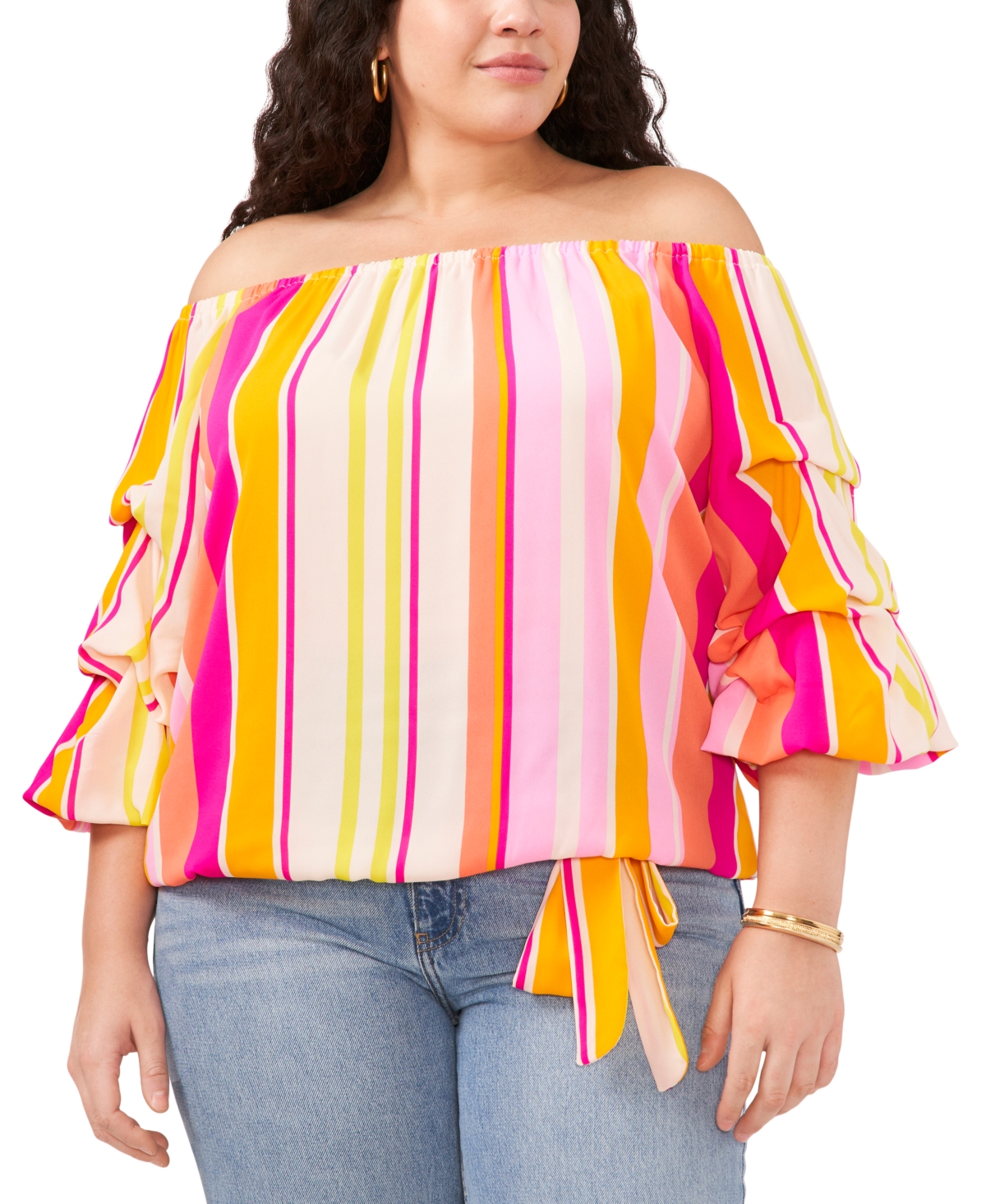 Plus Size Striped Off The Shoulder Bubble Sleeve Tie Front Blouse - New Ivory