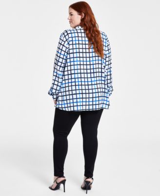 Shop Calvin Klein Plus Size Windowpane Print Utility Shirt Pull On Skinny Compression Pants In Black