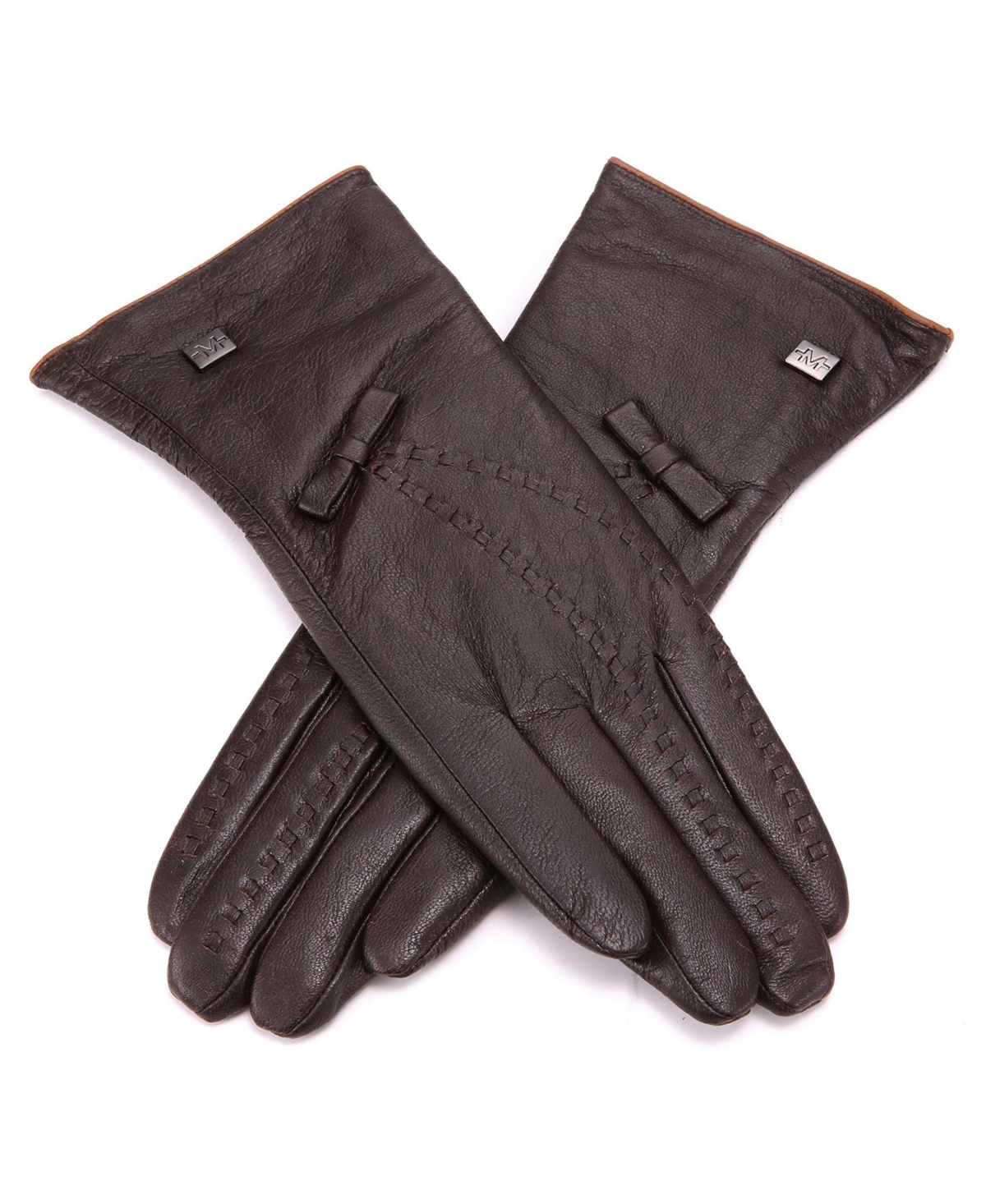 Women's Bow and Stitch Touchscreen Sheepskin Gloves - Brown