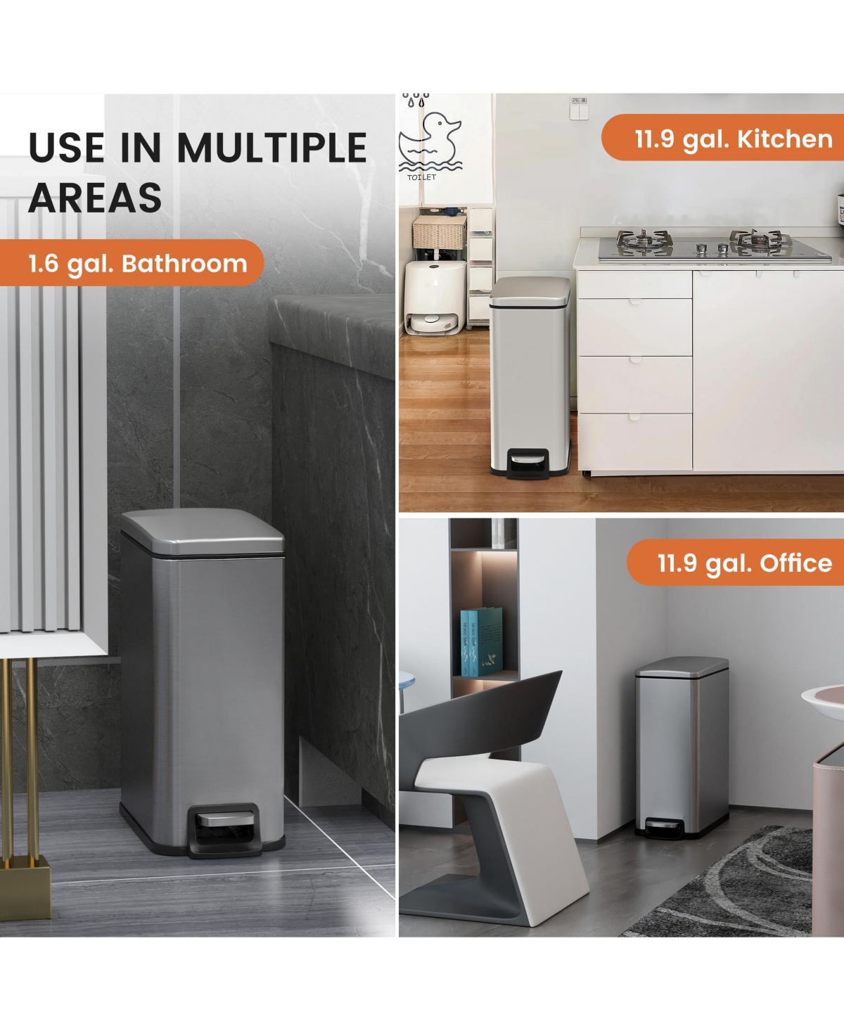 Gallon/ 45 Liter + Two Gallon/6 Liter Rectangular Step-on Trash Can Set For Bathroom and Kitchen