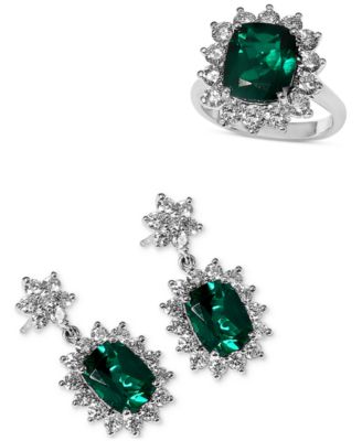 Effy Lab Grown Emerald Lab Grown Diamond Halo Ring Drop Earrings Collection In 14k White Gold