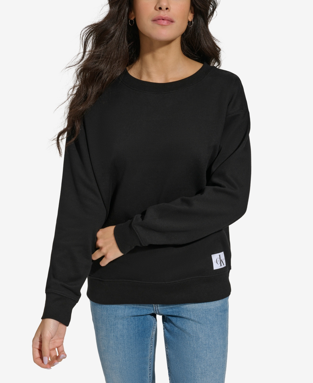 Calvin Klein Jeans Est.1978 Women's Long-sleeve Crewneck Logo-patch Sweatshirt In Black