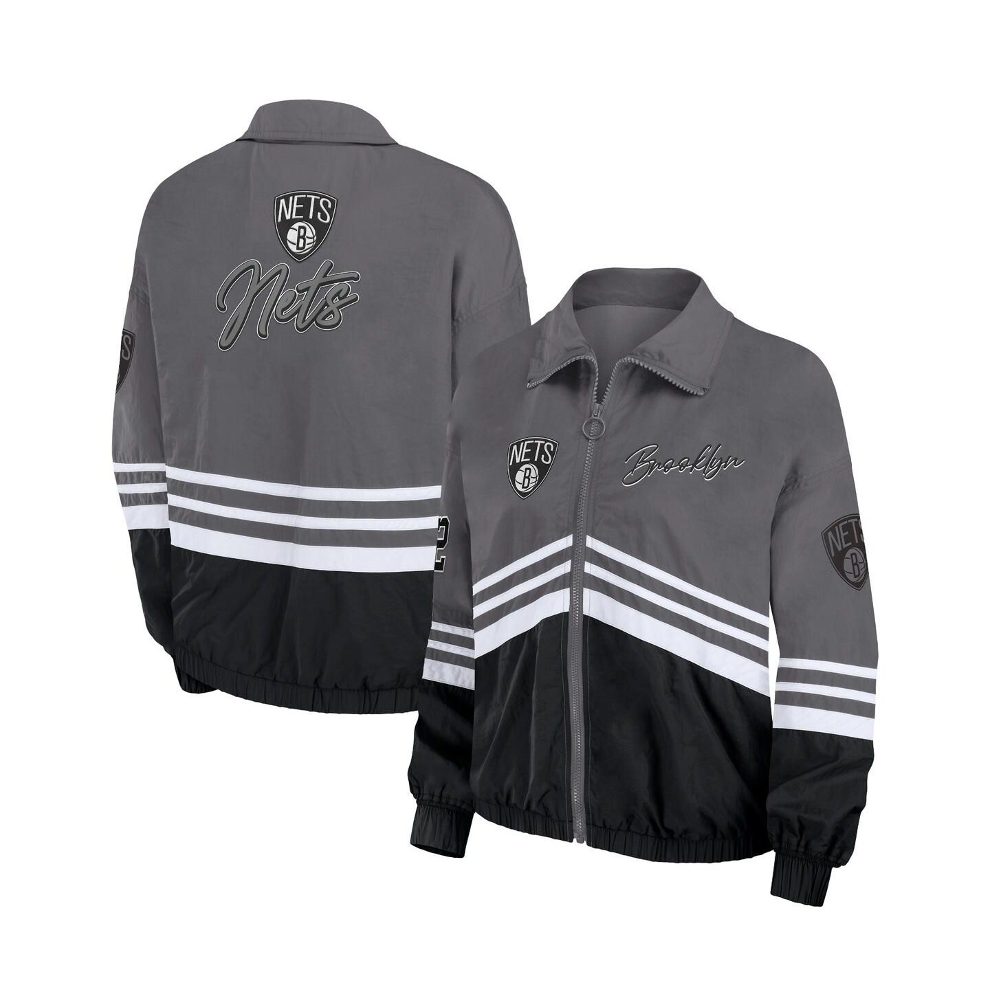 Женская куртка WEAR by Erin Andrews Silver Distressed Brooklyn Nets Vintage-Like Full-Zip Windbreaker — фото 1