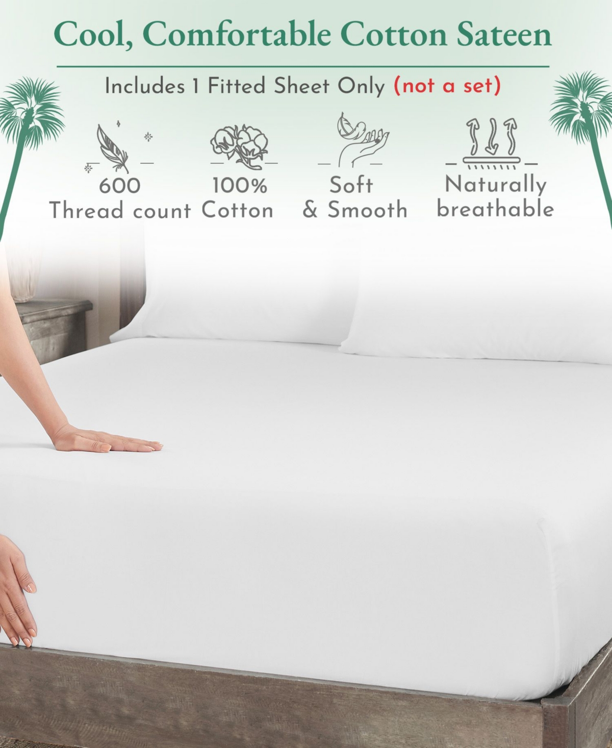 600 Thread Count Fitted Sheet Only - 100% Cotton Sateen, Fully Elasticized with Deep Pockets by California Design Den