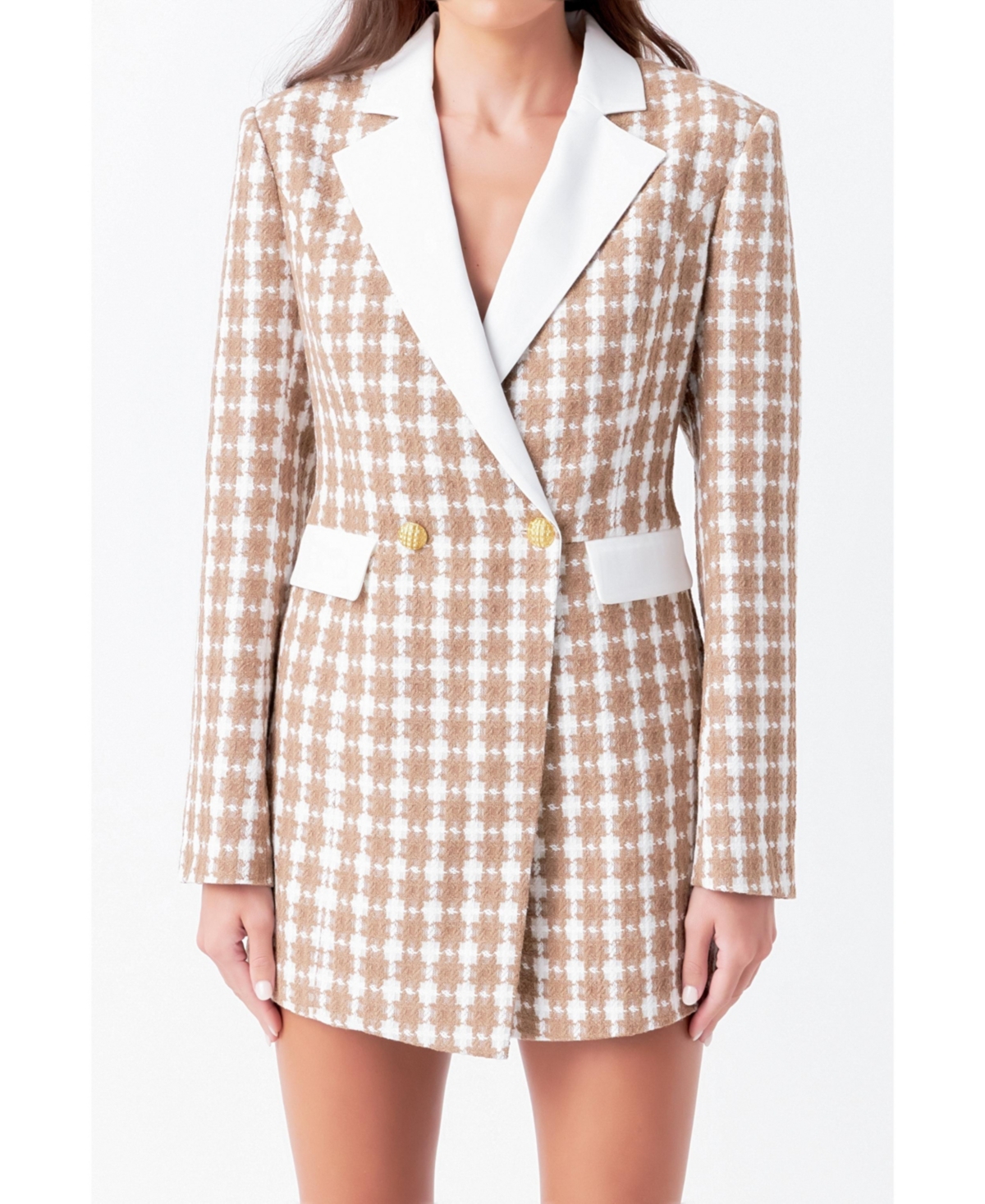 Endless Rose Women's Houndstooth Blazer Romper In Beige Gold