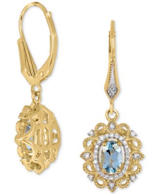 Aquamarine (3/4 ct. t.w.) & Diamond (1/8 ct. t.w.) Halo Drop Earrings in 14k Gold-Plated Sterling Silver