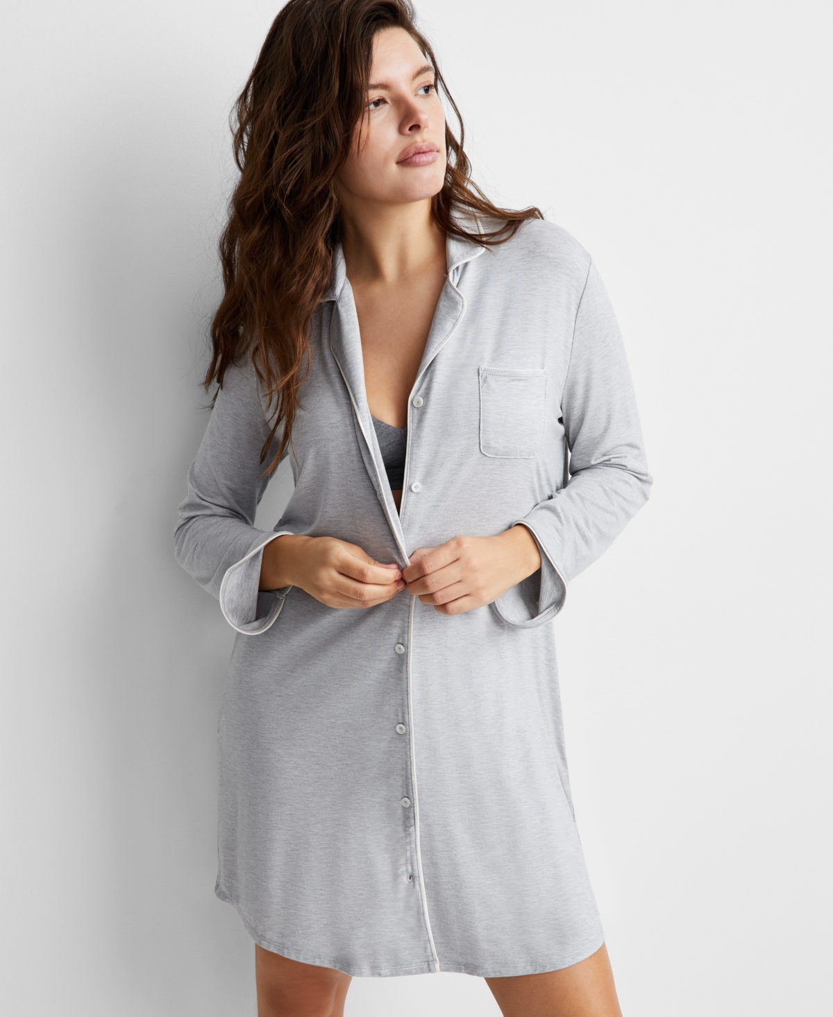 State Of Day Women's Notch Collar Sleepshirt Xs-3x, Created For Macy's In Sleep Grey Heather