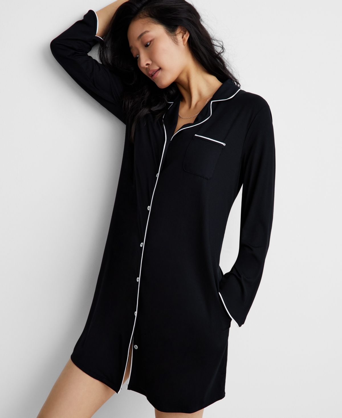 State Of Day Women's Notch Collar Sleepshirt Xs-3x, Created For Macy's In Deep Black