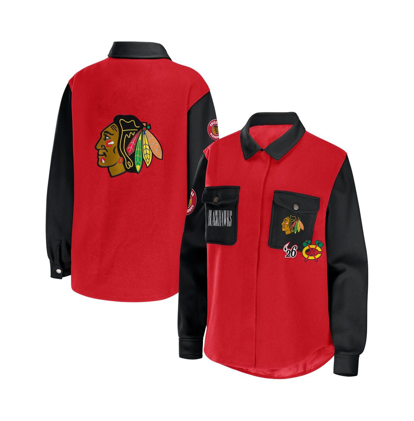 Женская куртка WEAR by Erin Andrews Red, Black Chicago Blackhawks Colorblock Button-Up Shirt Jacket — фото 1