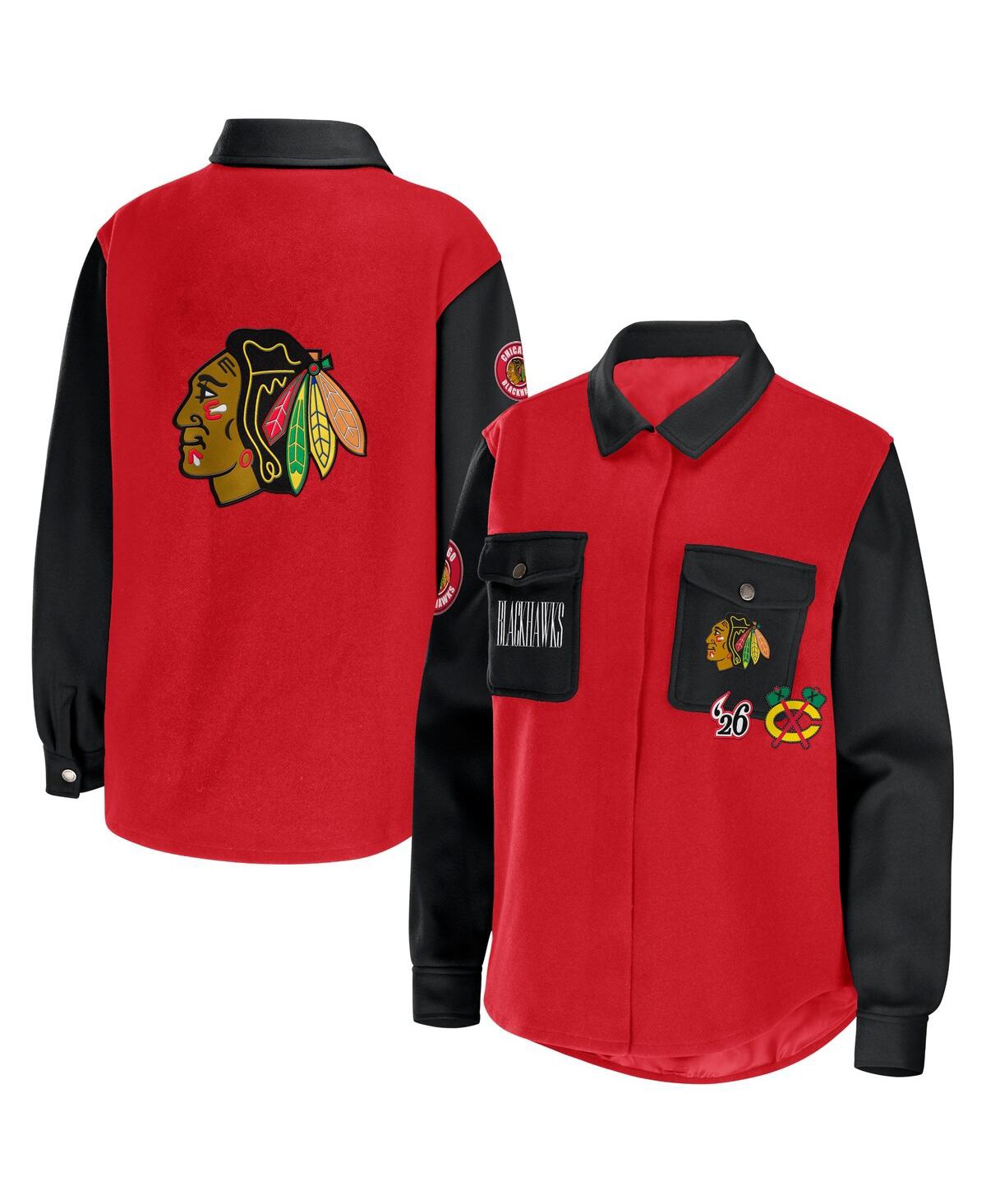 Wear By Erin Andrews Women's  Red, Black Chicago Blackhawks Colorblock Button-up Shirt Jacket In Red,black