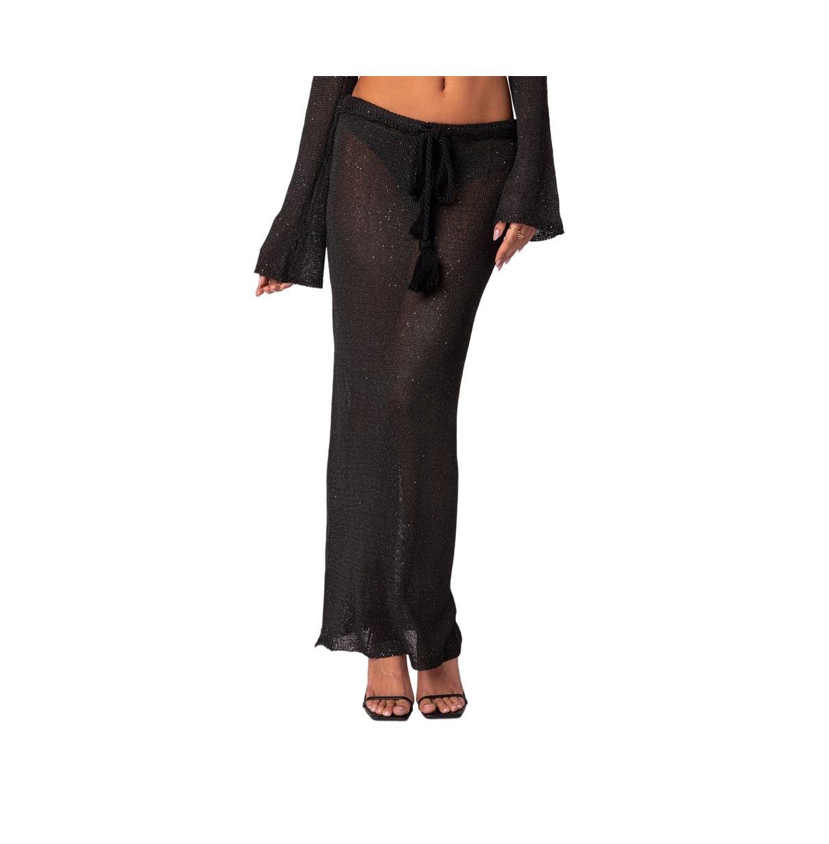 Women's Micro sequin tassel sheer knit maxi skirt - Black