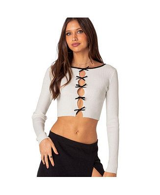 Edikted Women's Billy bow cut out ribbed crop top - Macy's