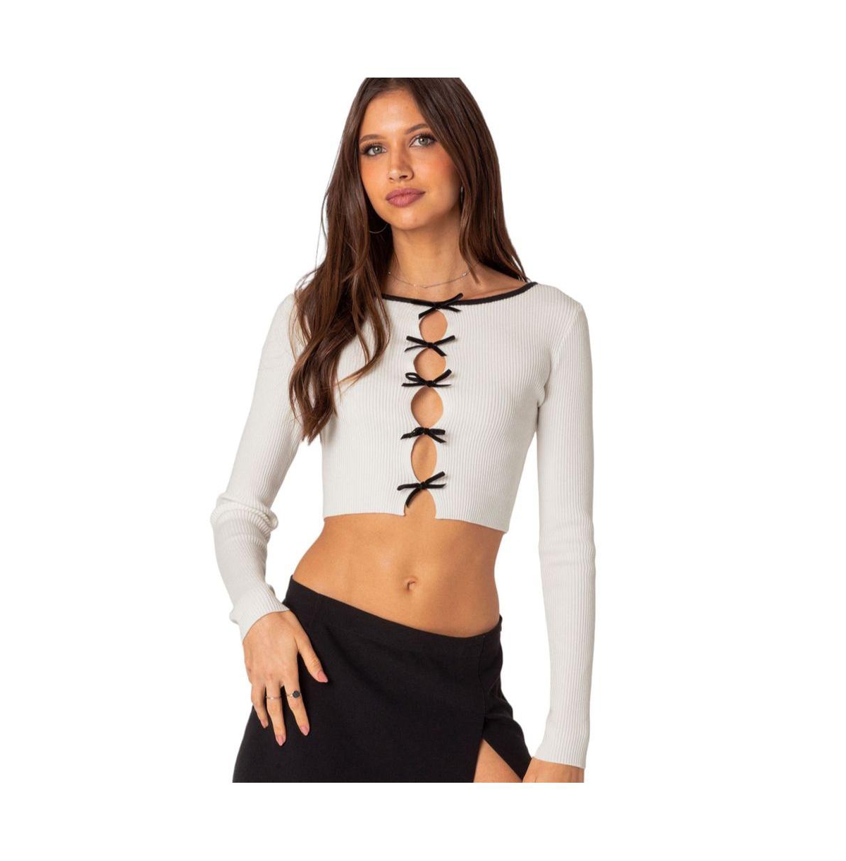 Women's Billy bow cut out ribbed crop top - Cream
