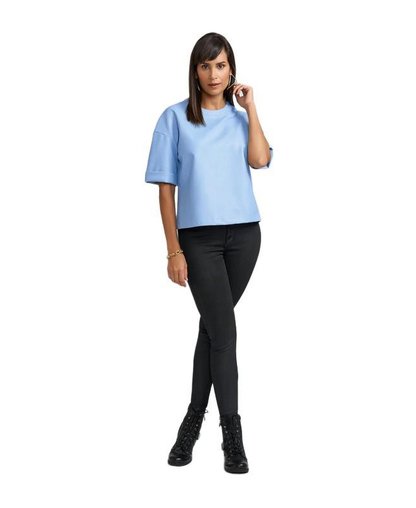 Женский топ Caldwell Collection Brooke Oversized Faux Leather Crew Neck with Back Zipper Detail, цвет: Небесно-голубой синий — фото 3
