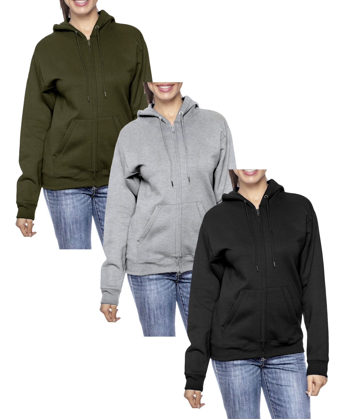 Galaxy By Harvic Women's Fleece-lined Loose-fit Full-zip Sweater Hoodie Set, 3 Pack In Olive,heather Gray,black