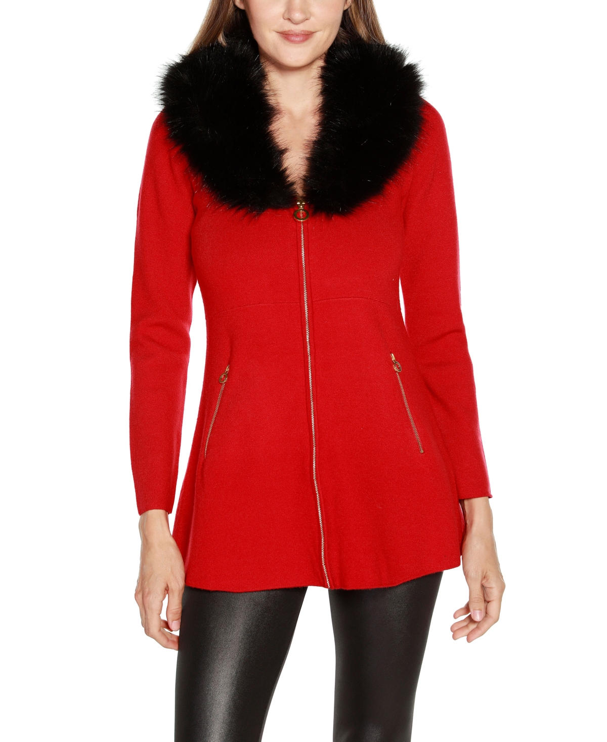 Belldini Black Label Women's Faux Fur Collar Cardigan Sweater In  Red,black