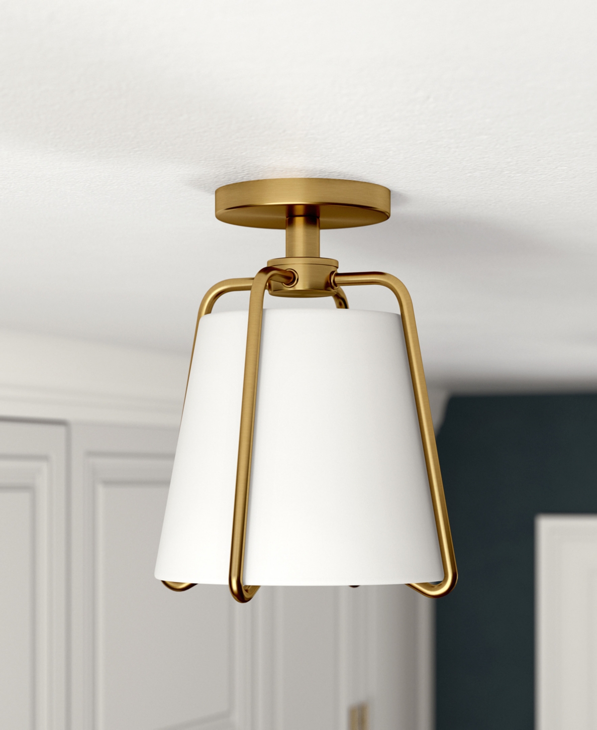 Shop Hudson & Canal Marduk 9.5" Semi Flush Mount With Linen Shade In Brushed Brass