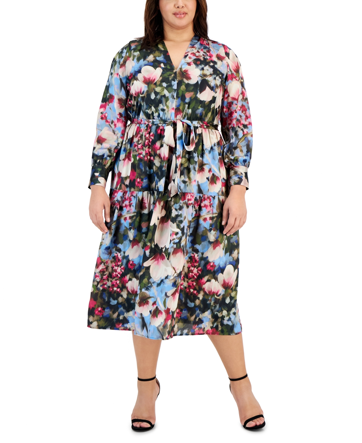 Anne Klein Plus Size Floral-print Tiered Midi Dress In Black Amaranth Multi