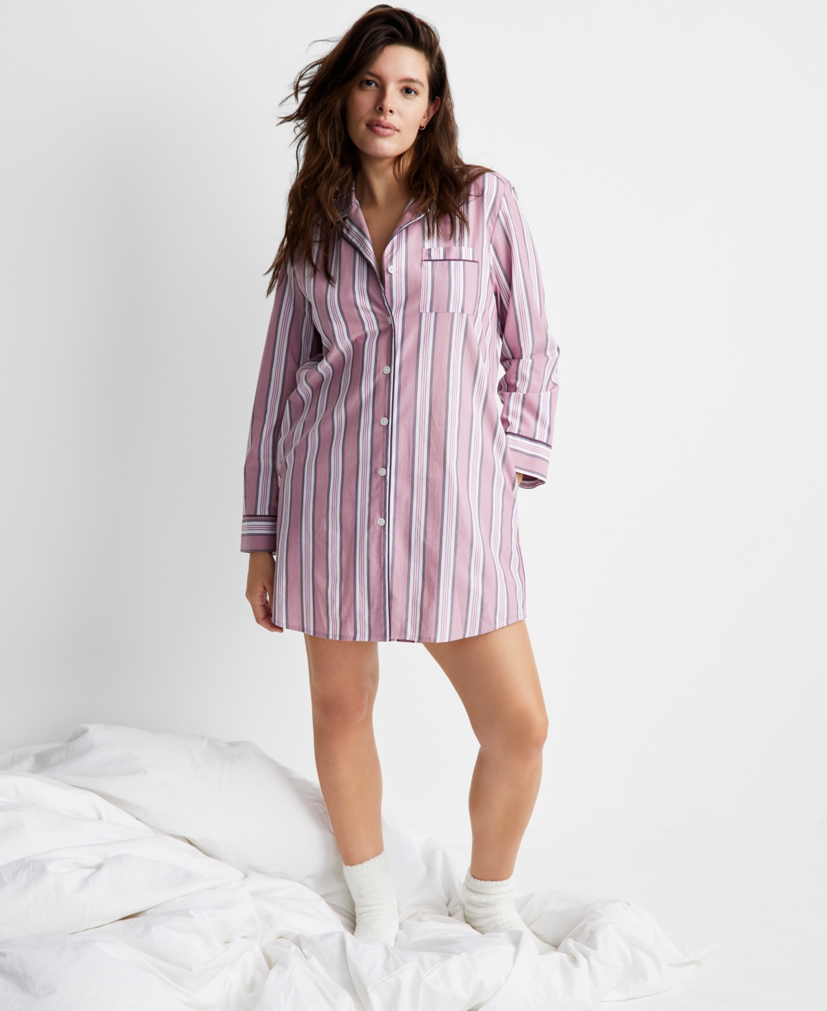 State Of Day Women's Notch Collar Poplin Sleepshirt, Created For Macy's In Variegated Stripe