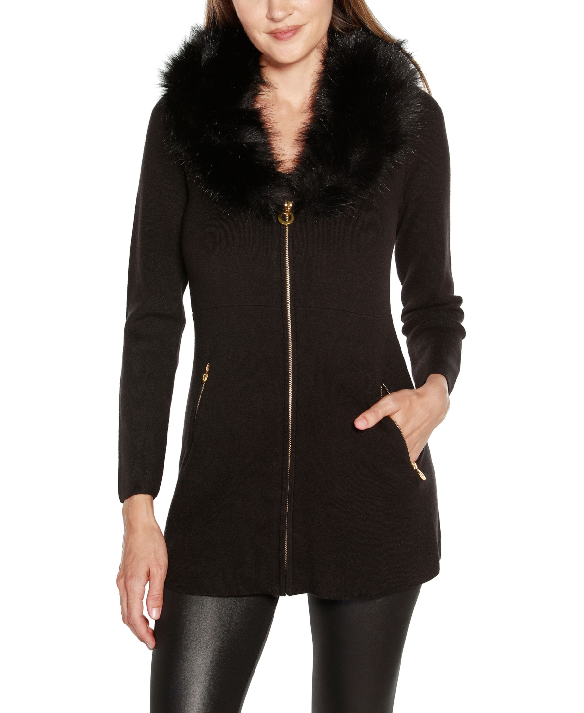Belldini Black Label Plus Size Faux Fur Collared Cable Cardigan Sweater In Black/black