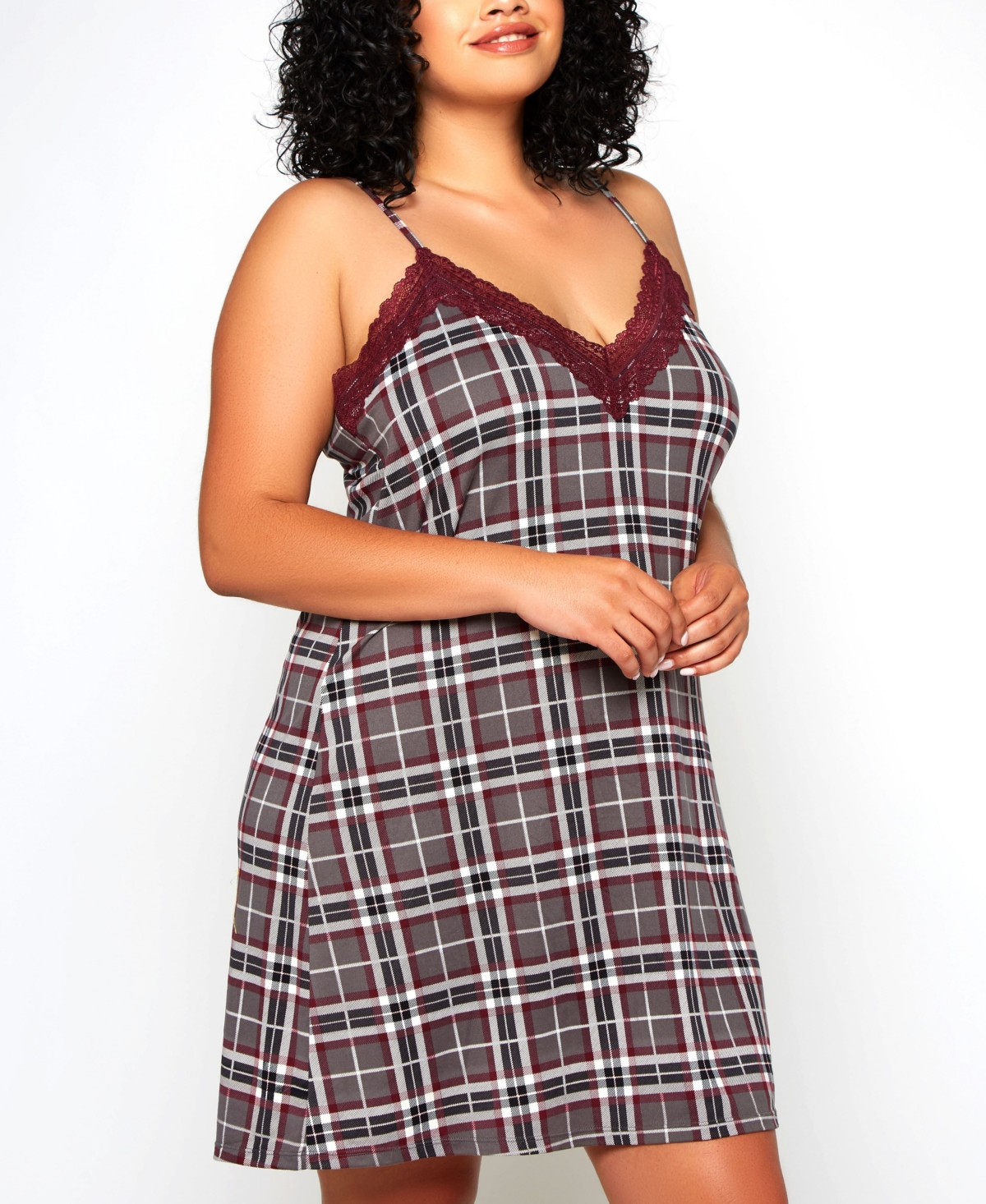 Shop Icollection Plus Size Modal Cozy Plaid Trimmed In Elegant Lace 1 Pc Nightgown In Gray