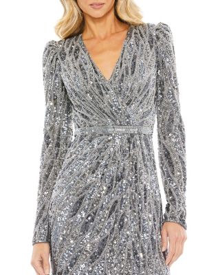 Women's Long Sleeve V Neck Beaded Cocktail Dress