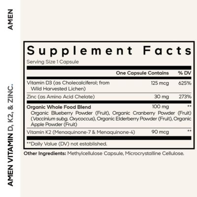 Vitamin D, K2 & Zinc, Cholecalciferol D3 5000 IU, Organic Whole Food Blend with Apple, Blueberry, Cranberry, Elderberry Powder Fruits 60 Capsules