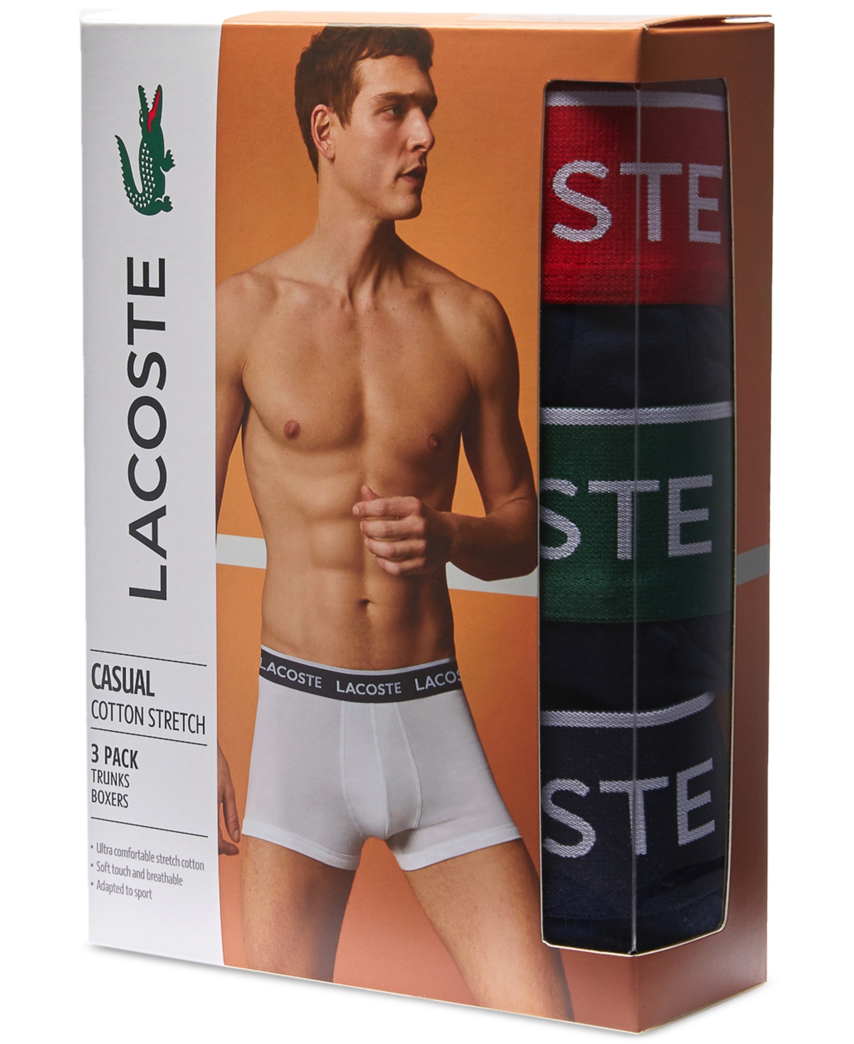 Lacoste Men's Casual Classic Colorful Waistband Trunk Set, 3 Pack - Green Red Navy