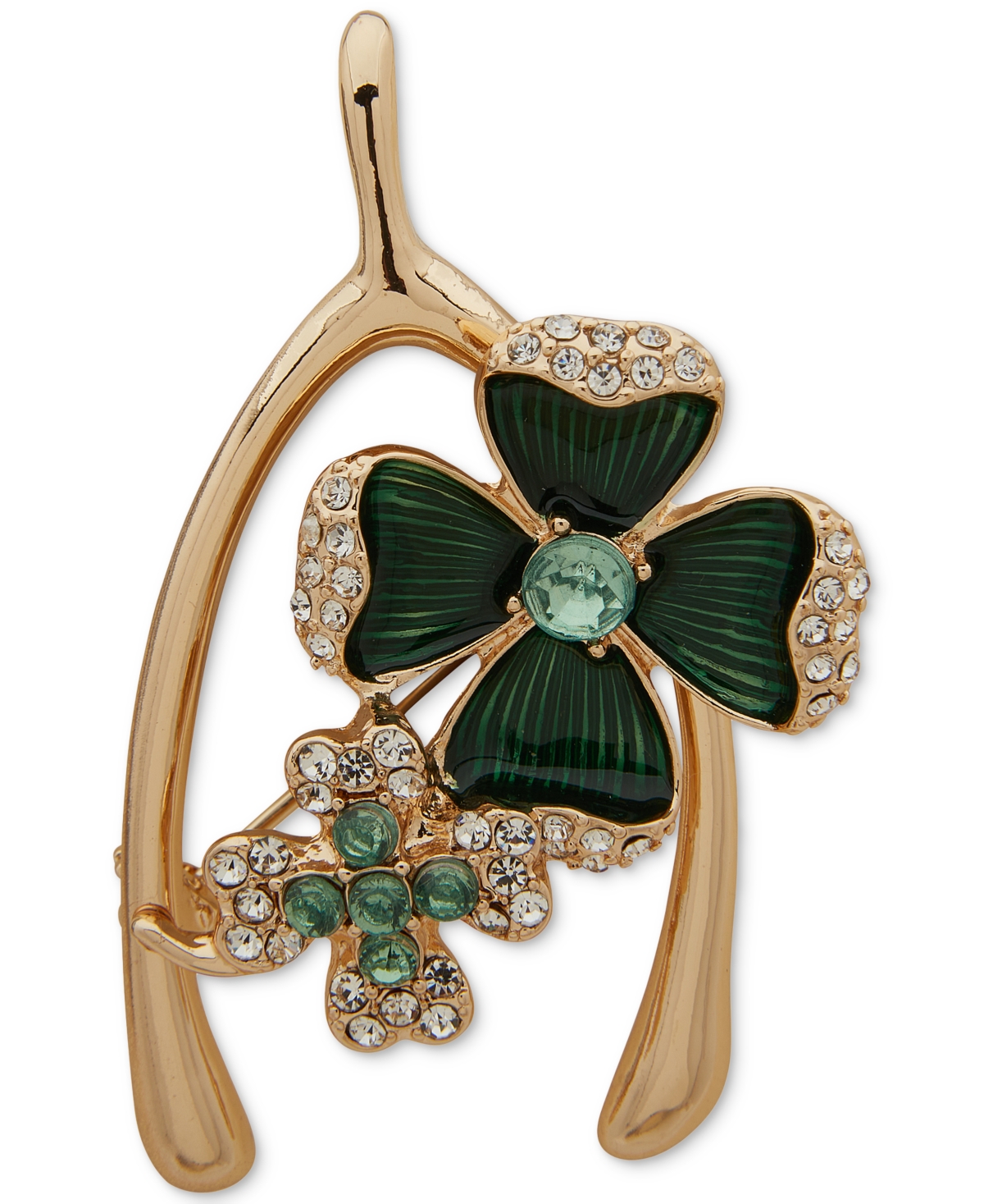 Anne Klein Gold-tone Mixed Stone Wishbone & Clover Pin In Green