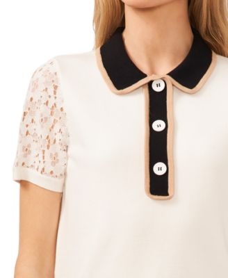 Women's Short Sleeve Polo Collar Sweater with Lace Sleeves