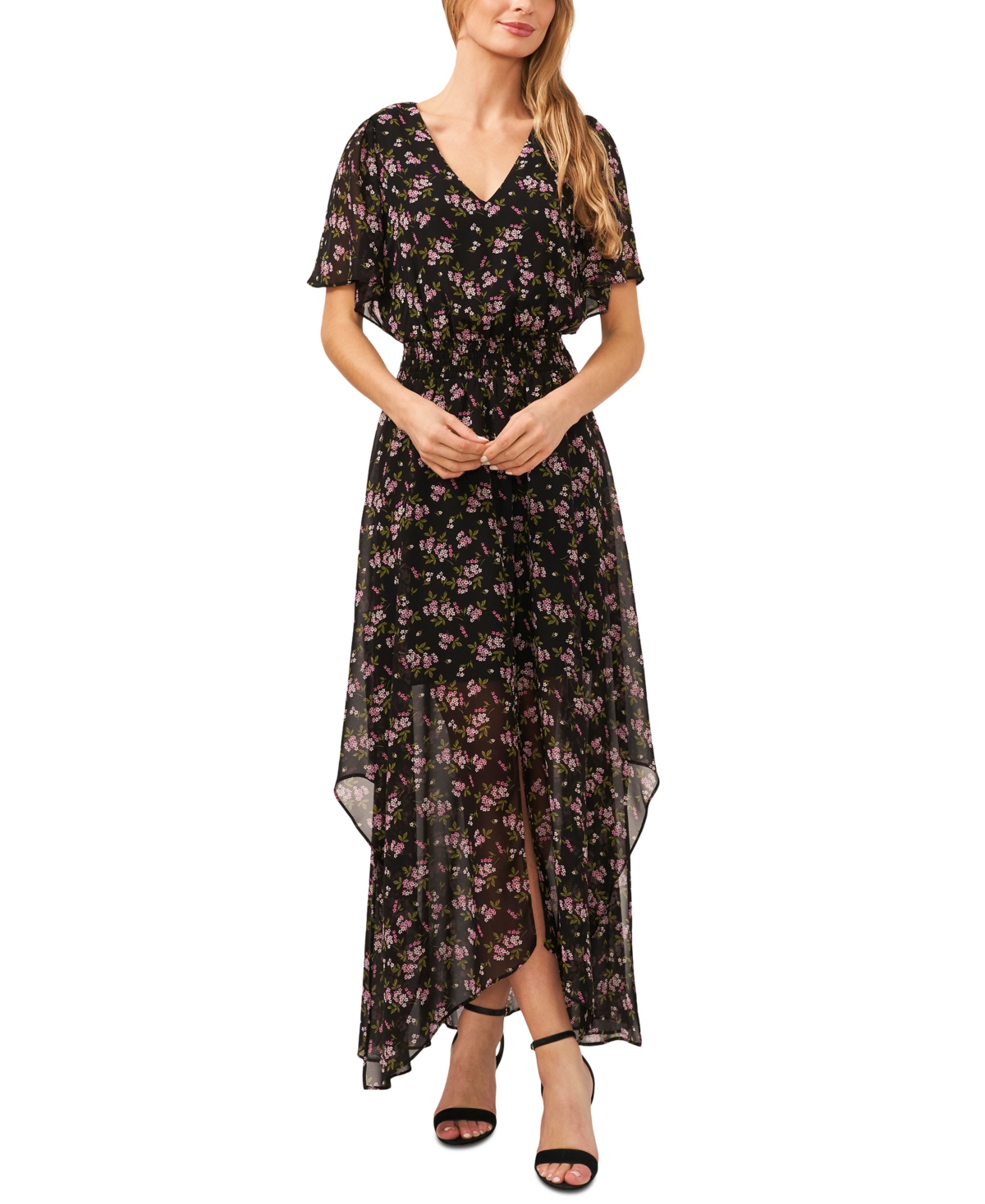 Cece Women's Smocked-waist Flutter-sleeve Maxi Dress In Rich Black
