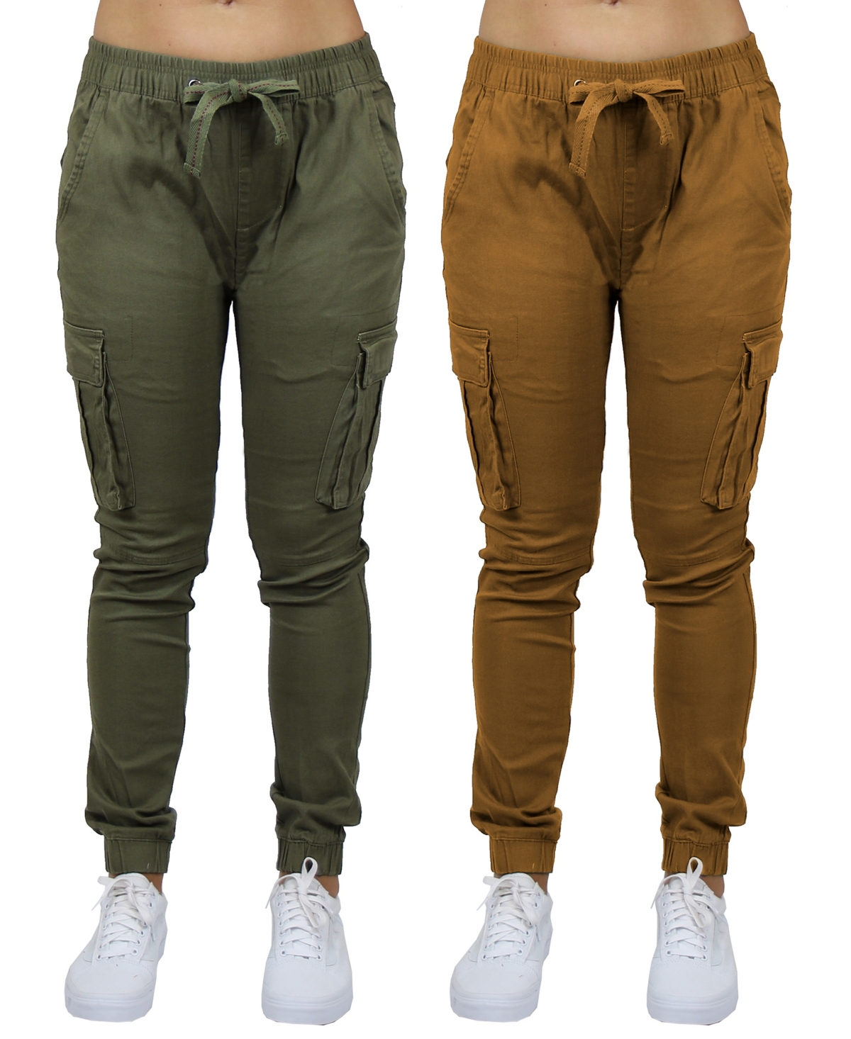 Galaxy By Harvic Women's Loose Fit Cotton Stretch Twill Cargo Joggers Set, 2 Pack In Olive,timber