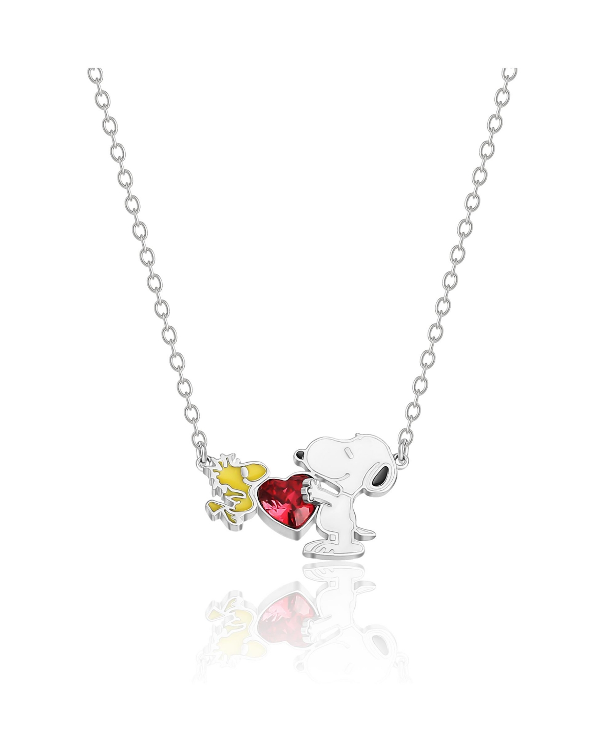 Womens Snoopy and Woodstock Red Crystal Silver Plated Heart Necklace, 18'' - Silver tone, yellow, red