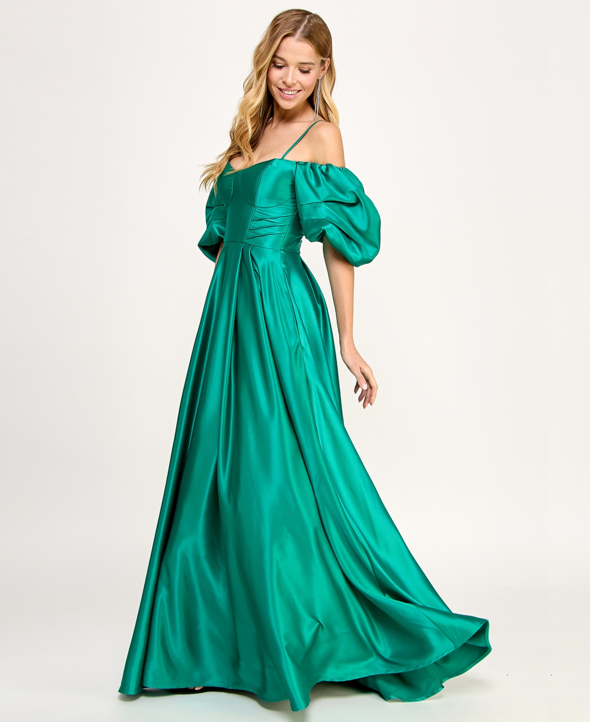 Shop City Studios Juniors' Off The Shoulder Satin Puff-sleeve Sweetheart Gown In Green